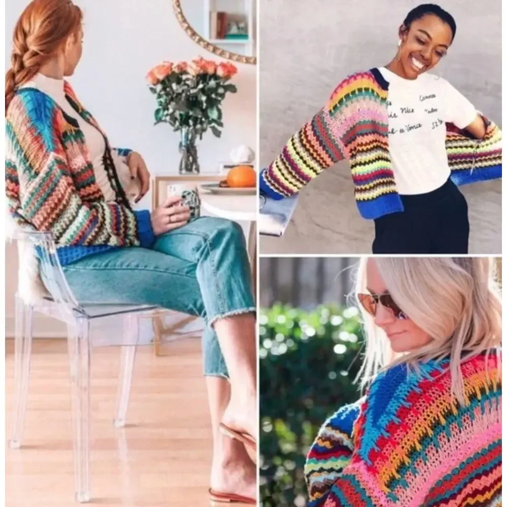 Moth Sweater Small Betty Knit Cardigan Multicolor Crochet Open Knit Boho Artsy - Picture 5 of 15